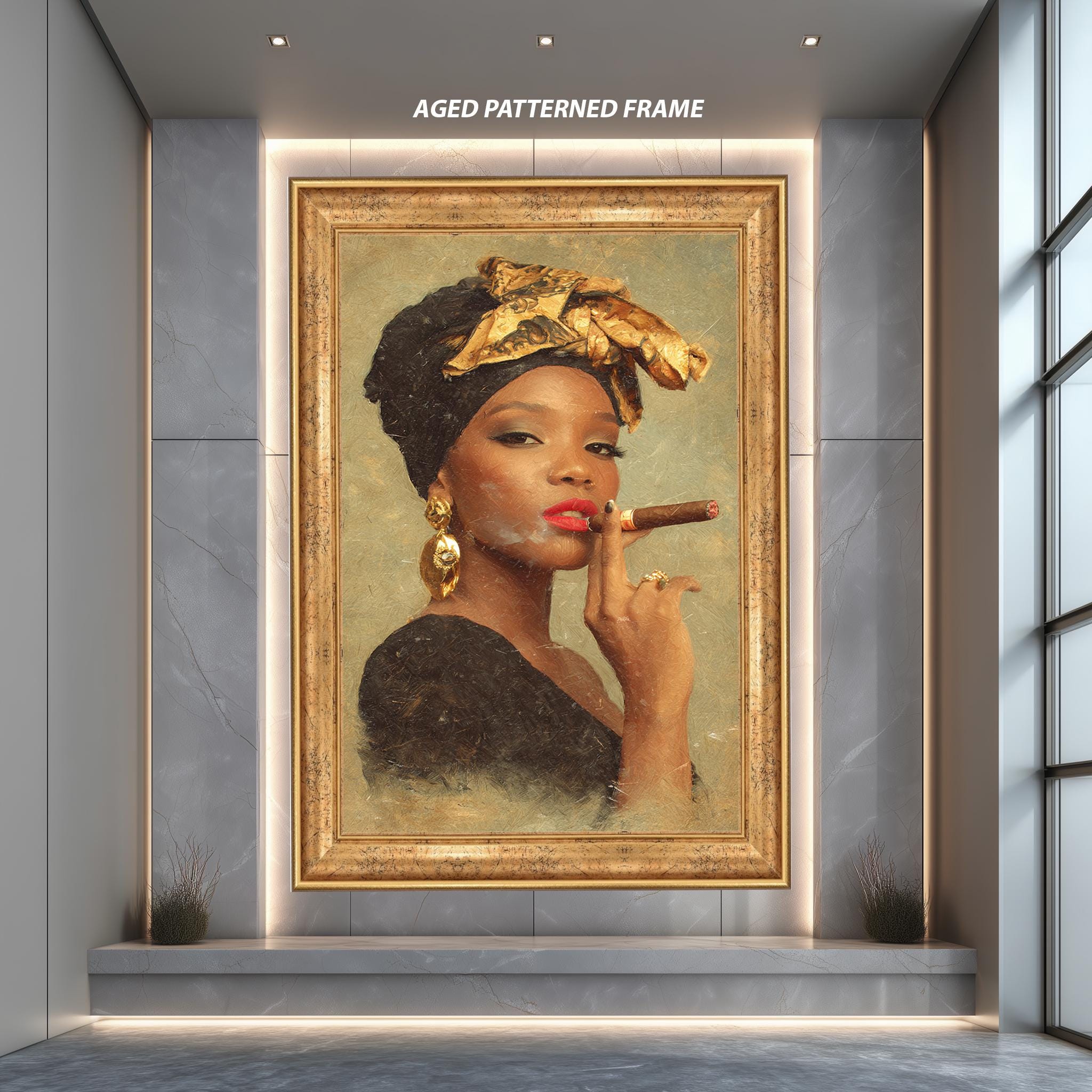 Golden Headwrap Canvas Art – Afro Woman Wall Art | Vintage Style Portrait Painting