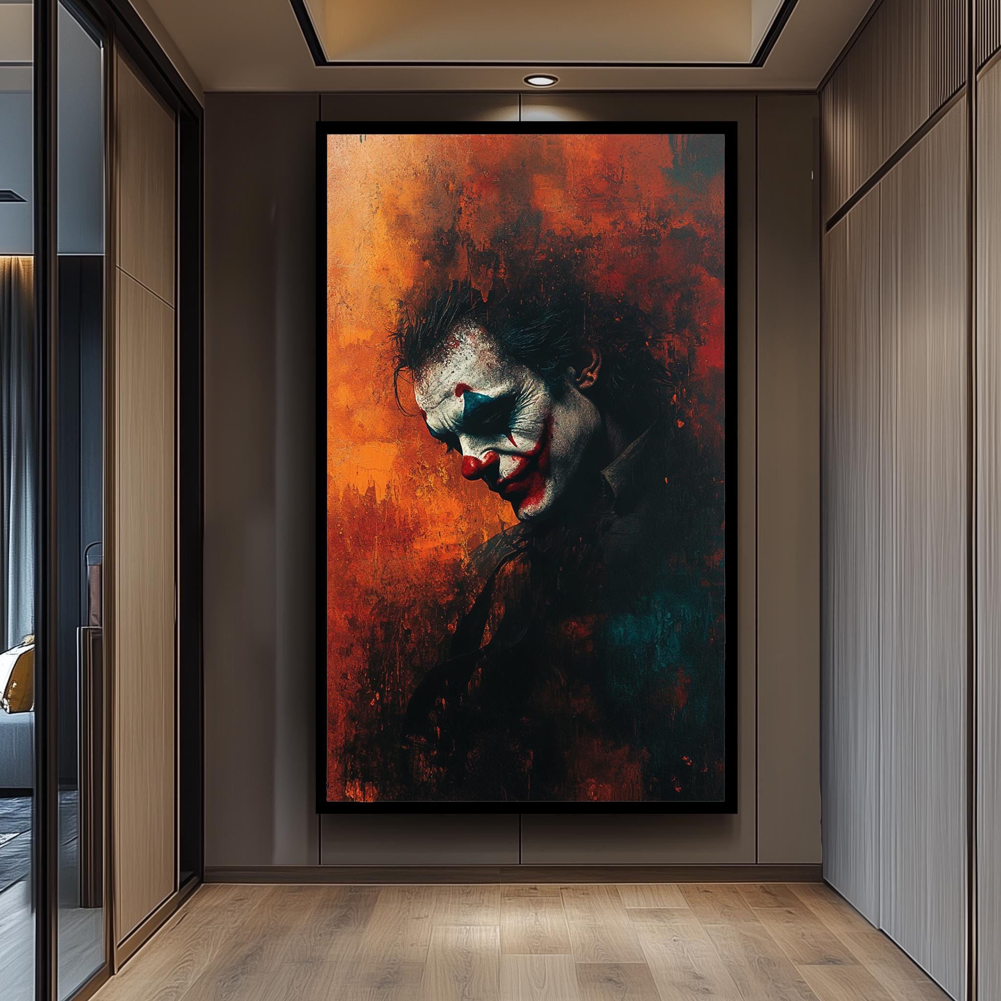 Sad Clown Canvas Art – Emotional Abstract Painting with Fiery Orange Background