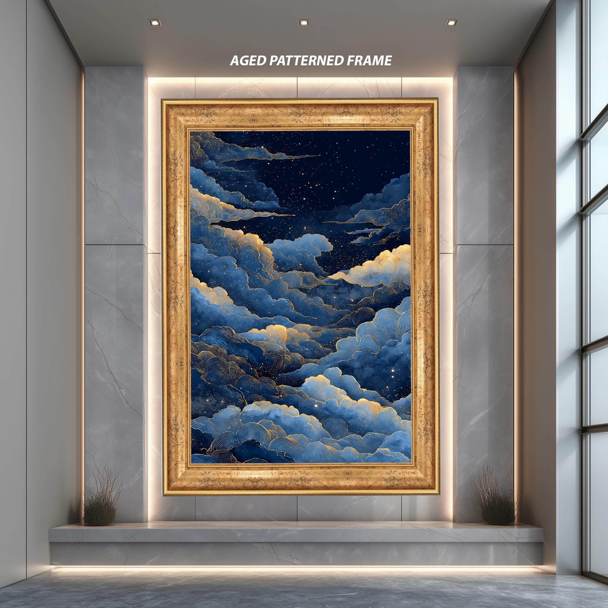 Celestial Clouds Canvas | Blue Gold Wall Art - Dreamy Night Sky Print for Bedroom