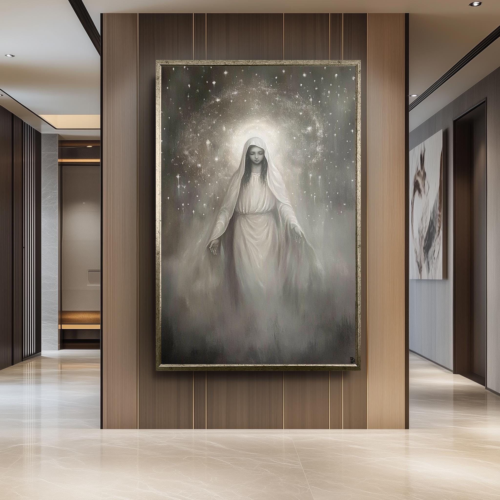 Virgin Mary Canvas Art – Monochrome Celestial Painting | Premium Religious Wall Art
