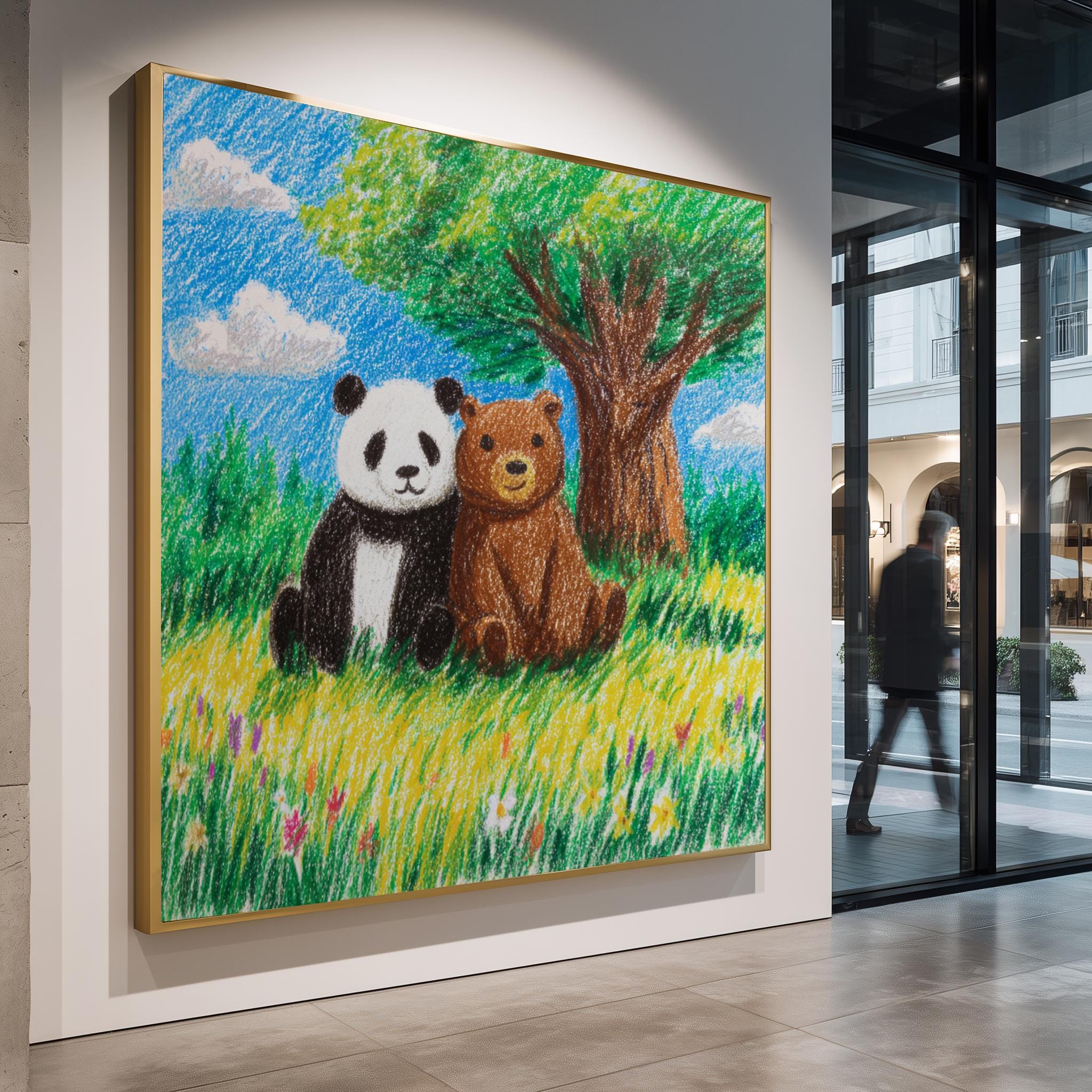 Panda Bear Wall Art – Cute Animal Print Nursery Decor with Crayon Style Artwork