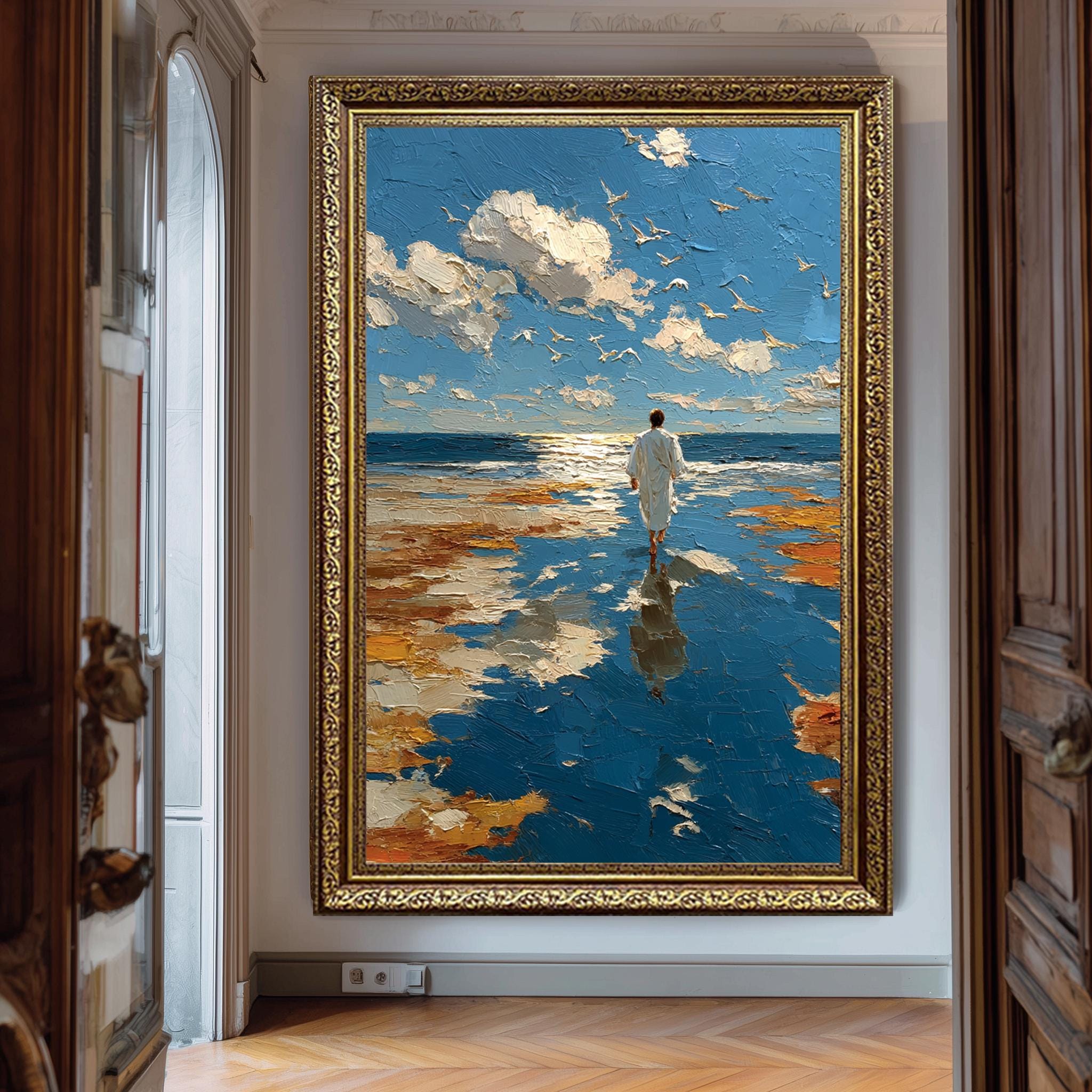 Jesus Walking on Water Christian Wall Art – Spiritual Ocean Scene Print