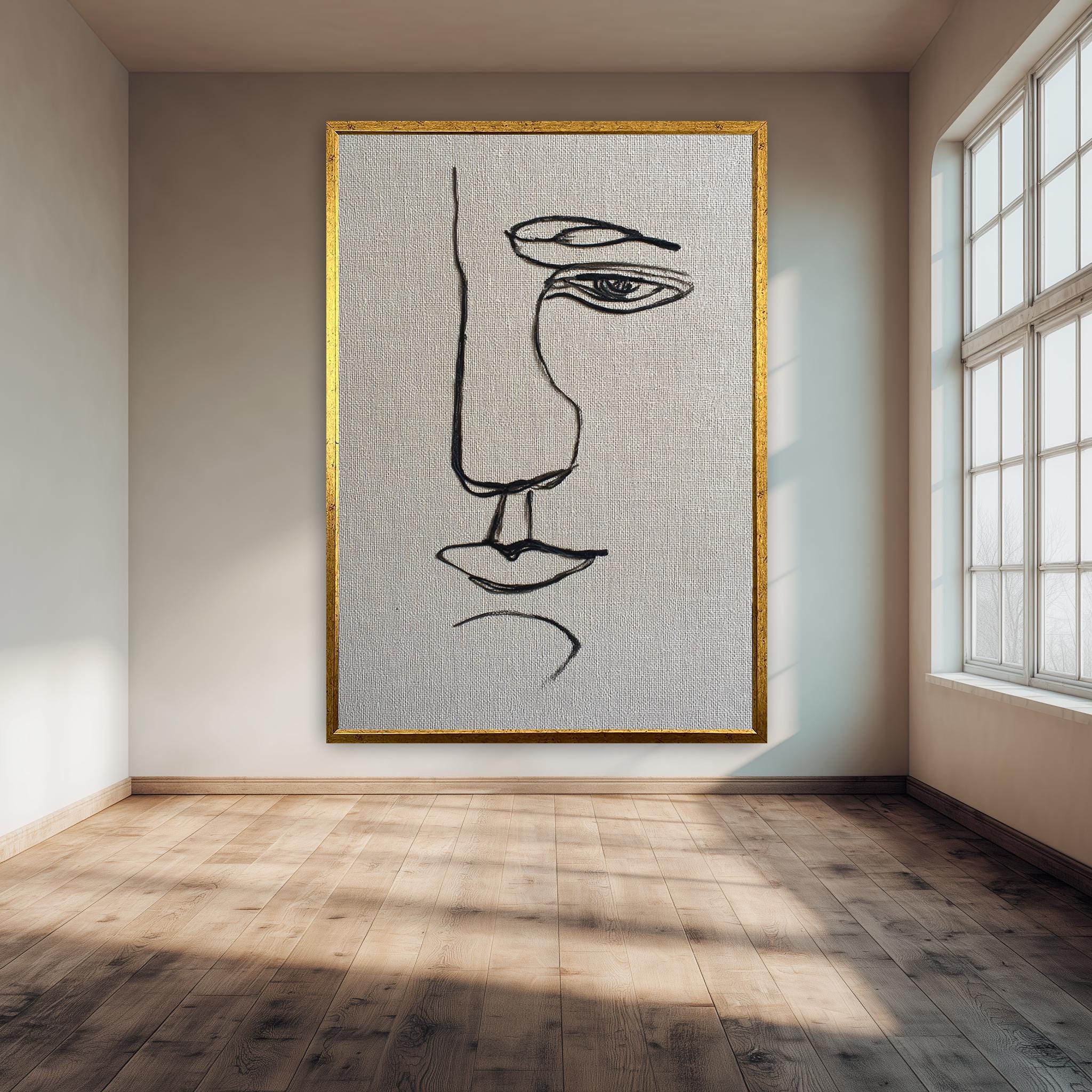 Minimal Face Line Art – Modern Abstract Portrait Print on Linen Canvas Texture | Japandi Wall Decor