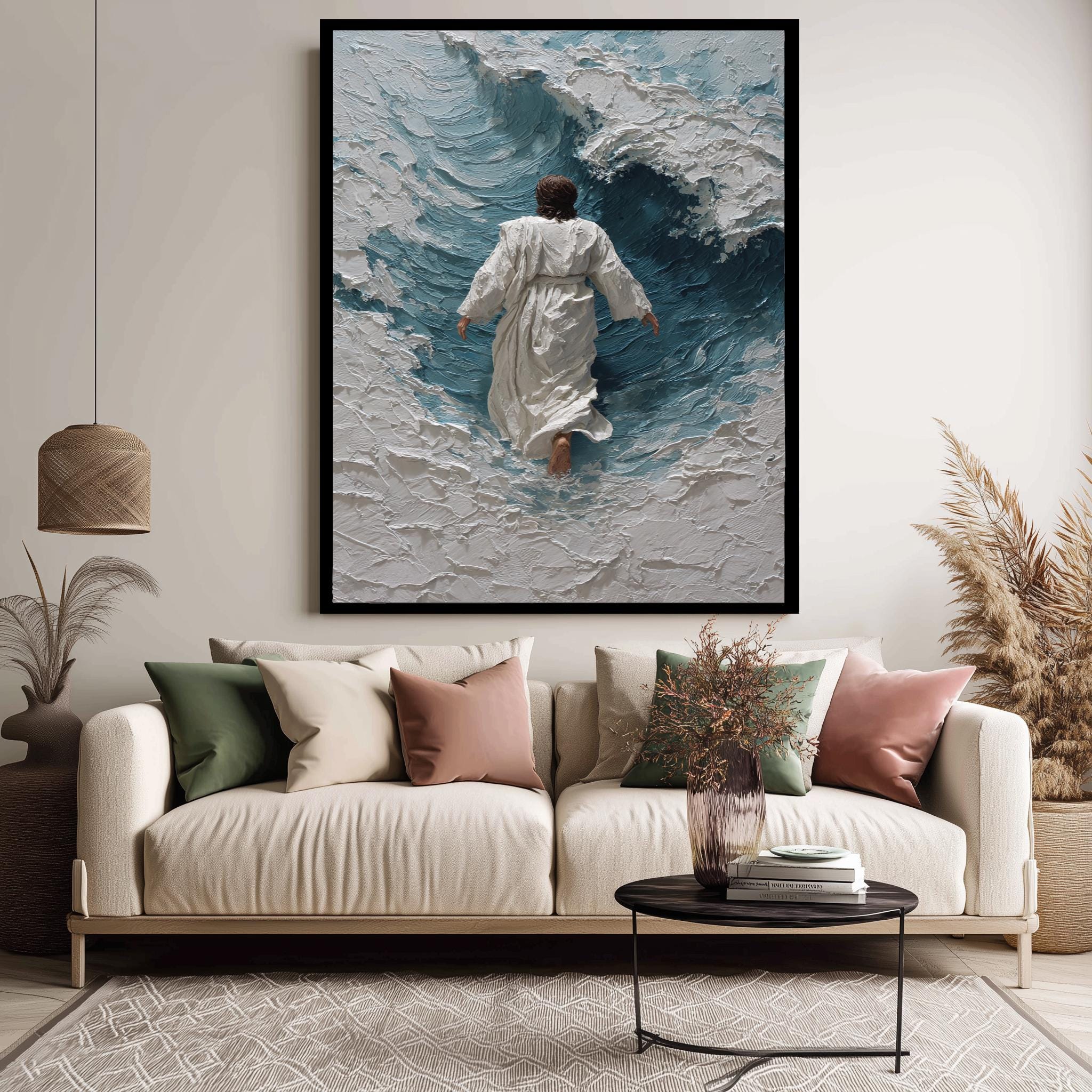 Jesus Walking Waves Art - Abstract Religious Canvas Christian Wall Poster