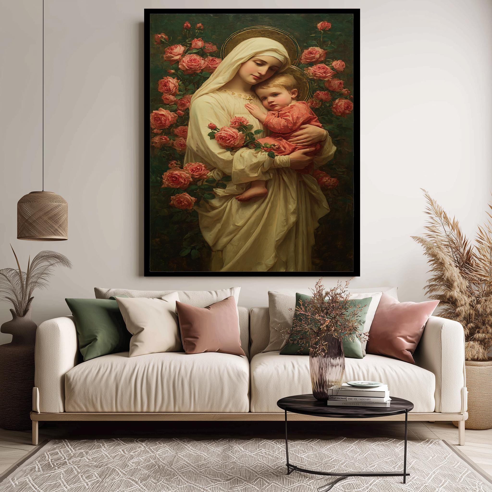 Virgin Mary Art Print – Floral Madonna Poster | Catholic Wall Decor