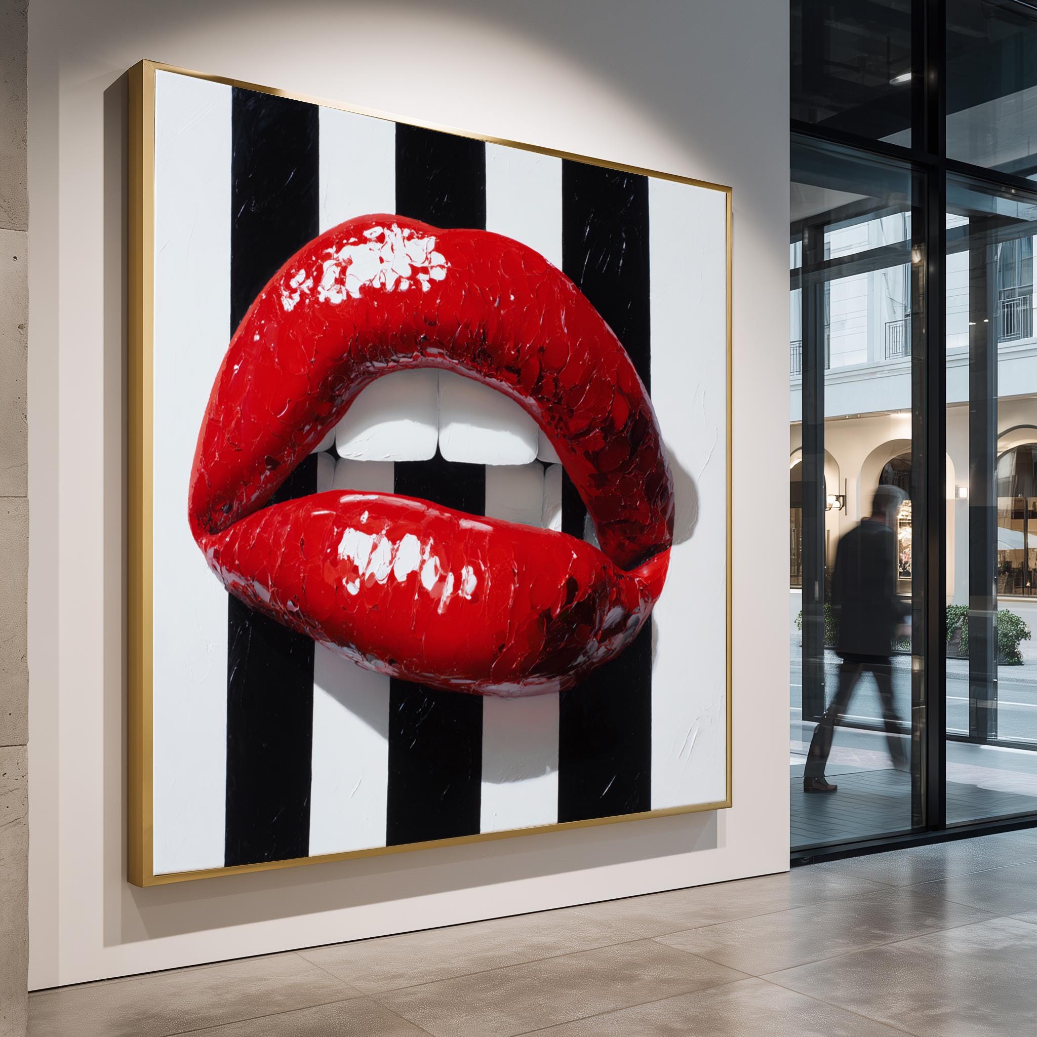 Red Lips Wall Art – Glossy Lip Art with Bold Brush Strokes on Black White Poster