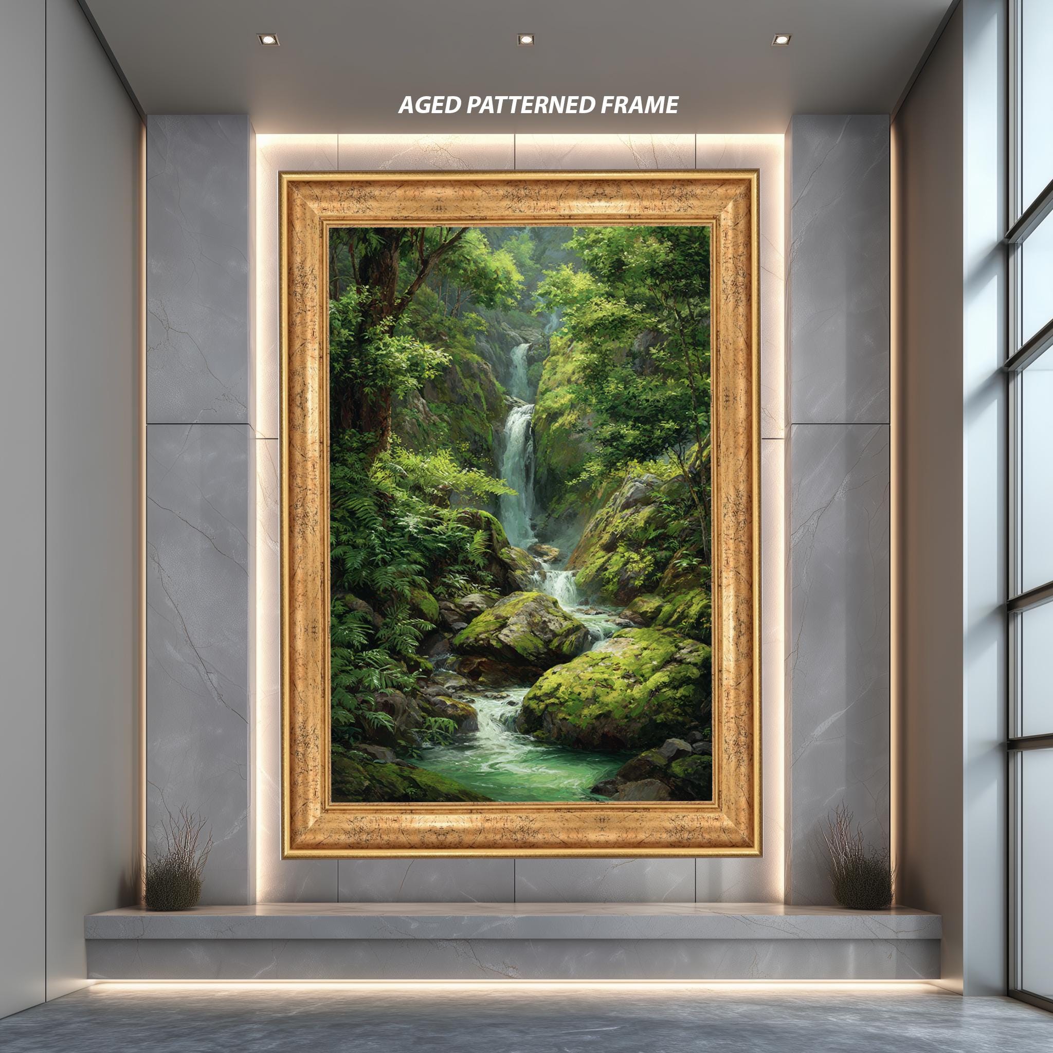 Waterfall Forest Art Print – Tranquil Nature Landscape & Lush Greenery Poster