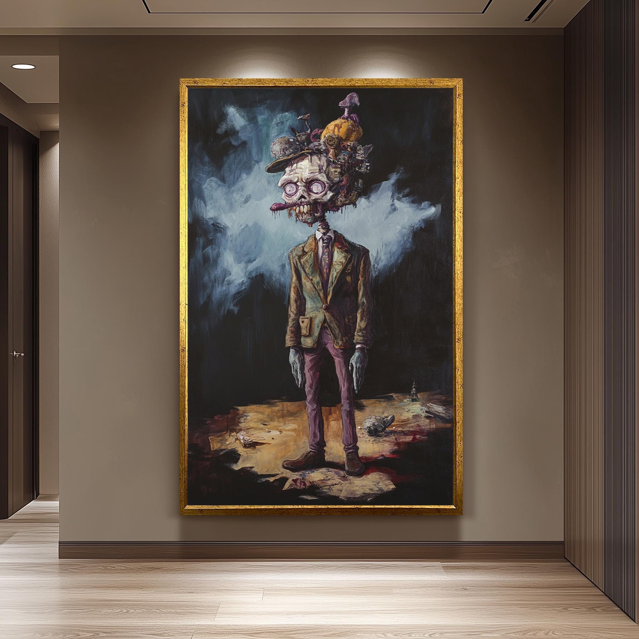 Surreal Zombie Wall Art – Creepy Undead Gentleman Canvas with Mushroom Head