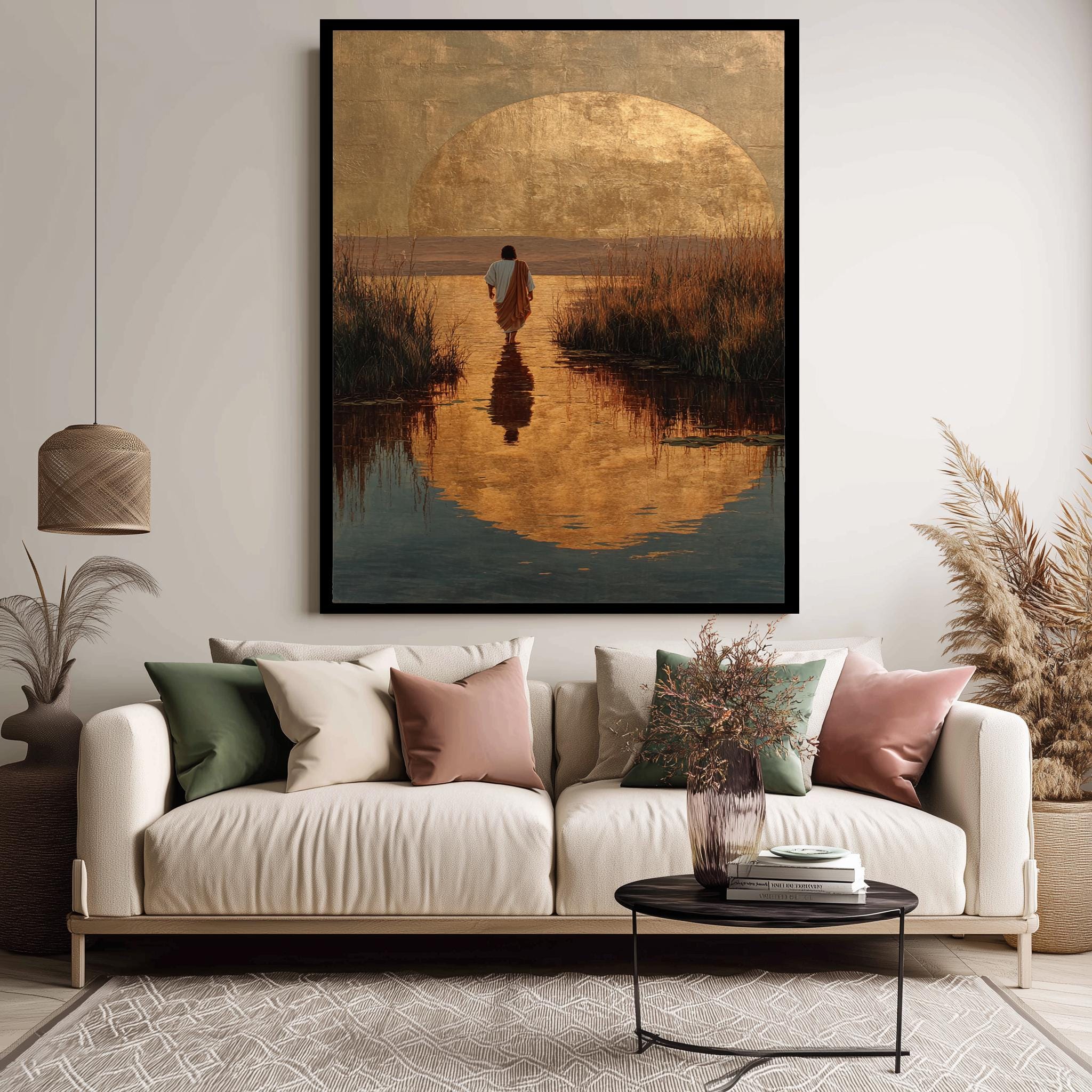 Jesus Walking on Water Art - Golden Sunset Christian Wall Art | Faith Based Poster