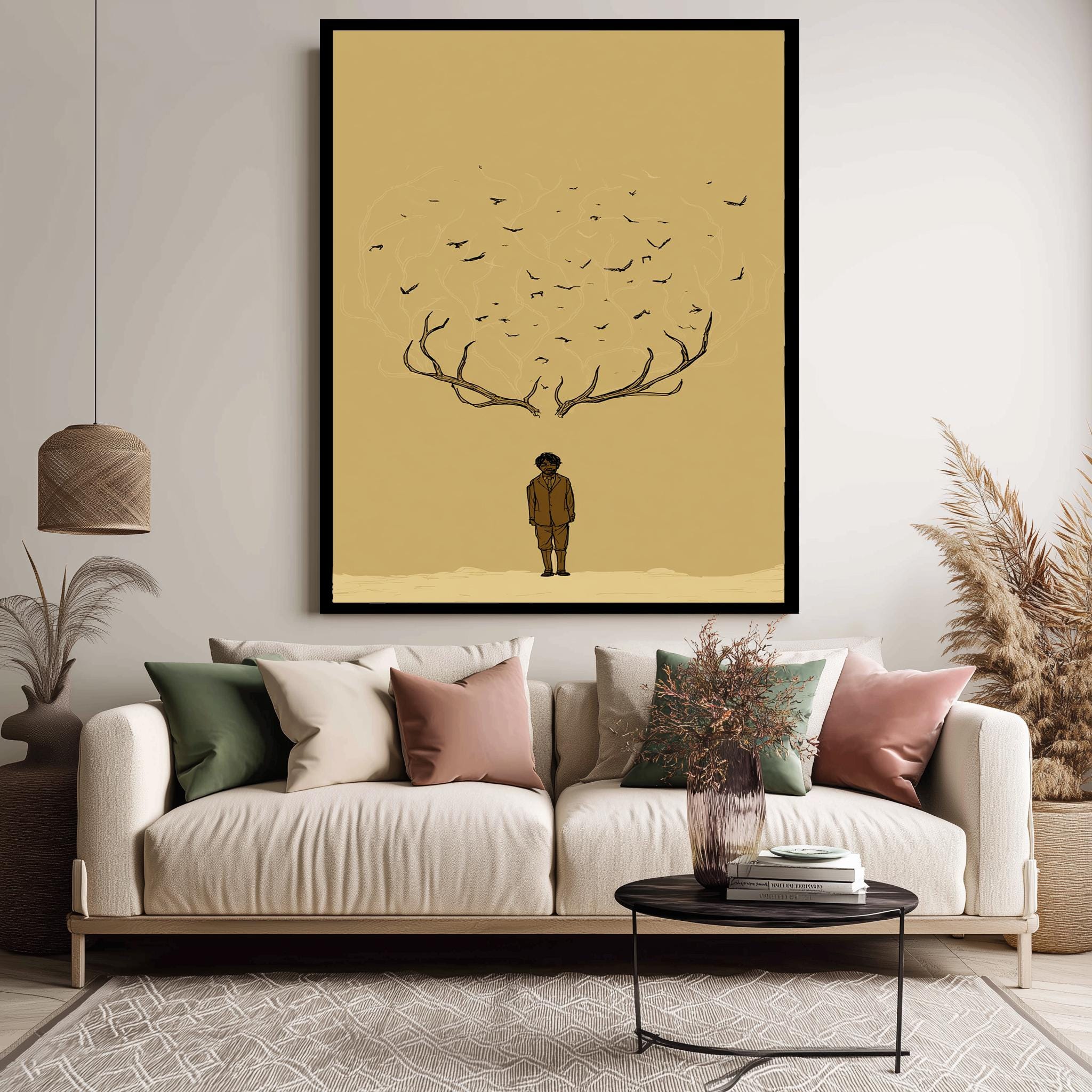 Surreal Minimalist Wall Art – Conceptual Boy with Antlers Art | Emotional Digital Illustration