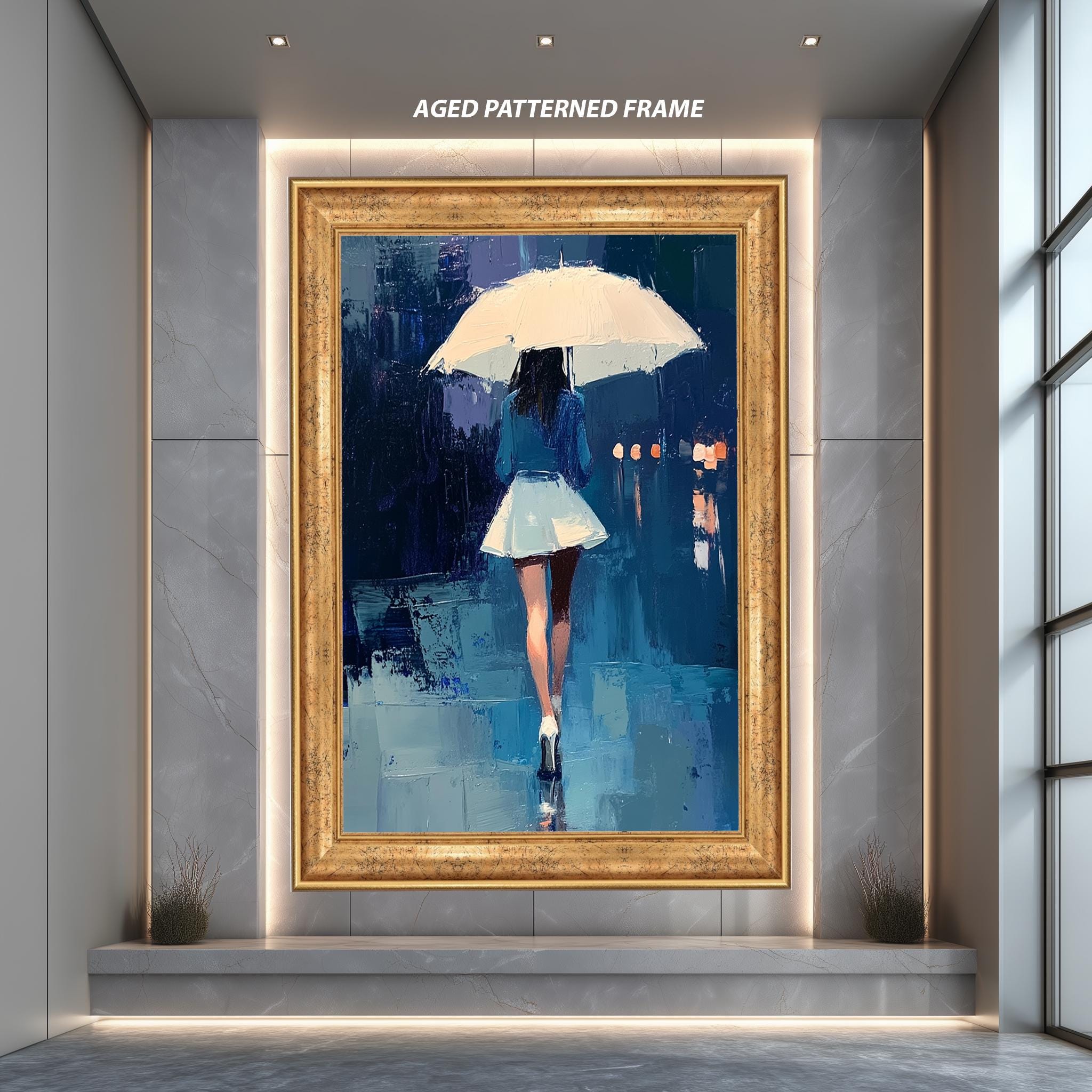 Modern Oil Painting - Elegant Woman Walking Rain | White Umbrella Art Canvas