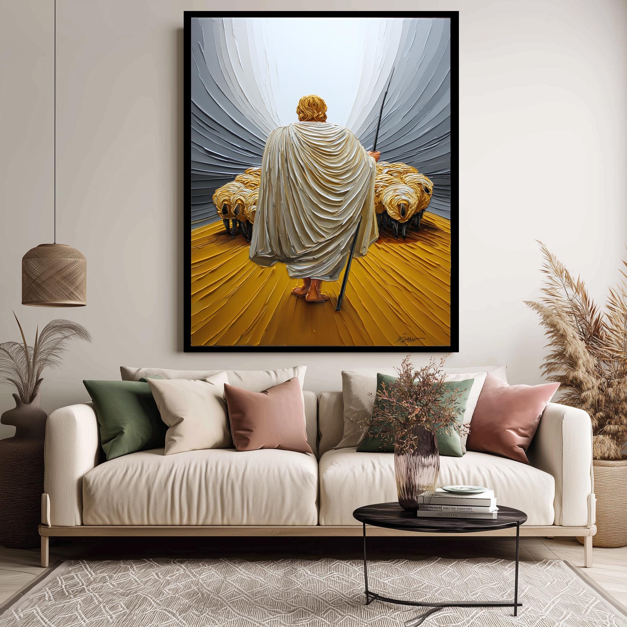 Good Shepherd Wall Art – Modern Christian Canvas Print with Jesus Staff & Sheep