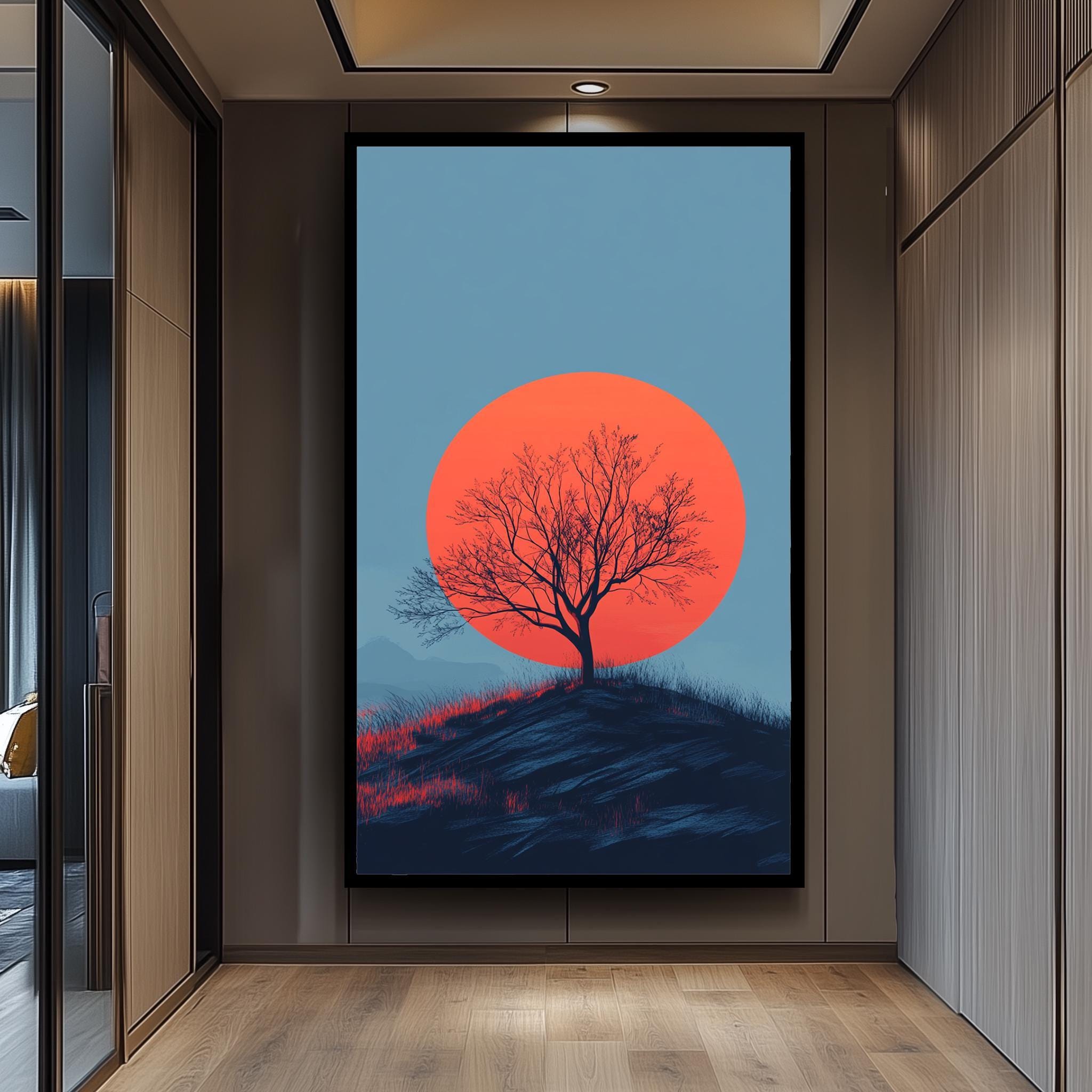 Minimalist Sunset Canvas – Bold Red Sun Print With Tree Silhouette Art | Modern Nature Painting