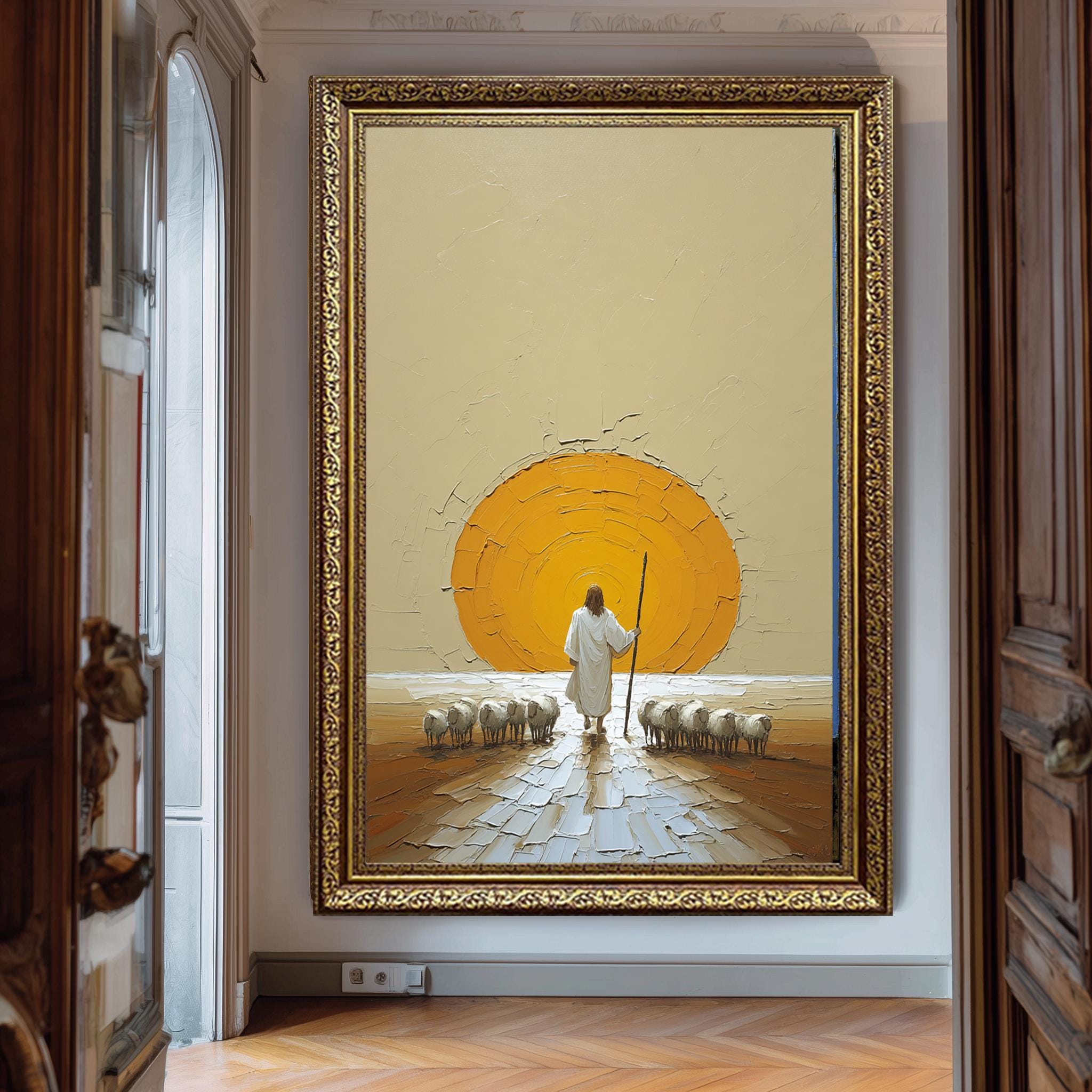 Christian Wall Art | Jesus Good Shepherd Poster – Spiritual Sunset Canvas Print