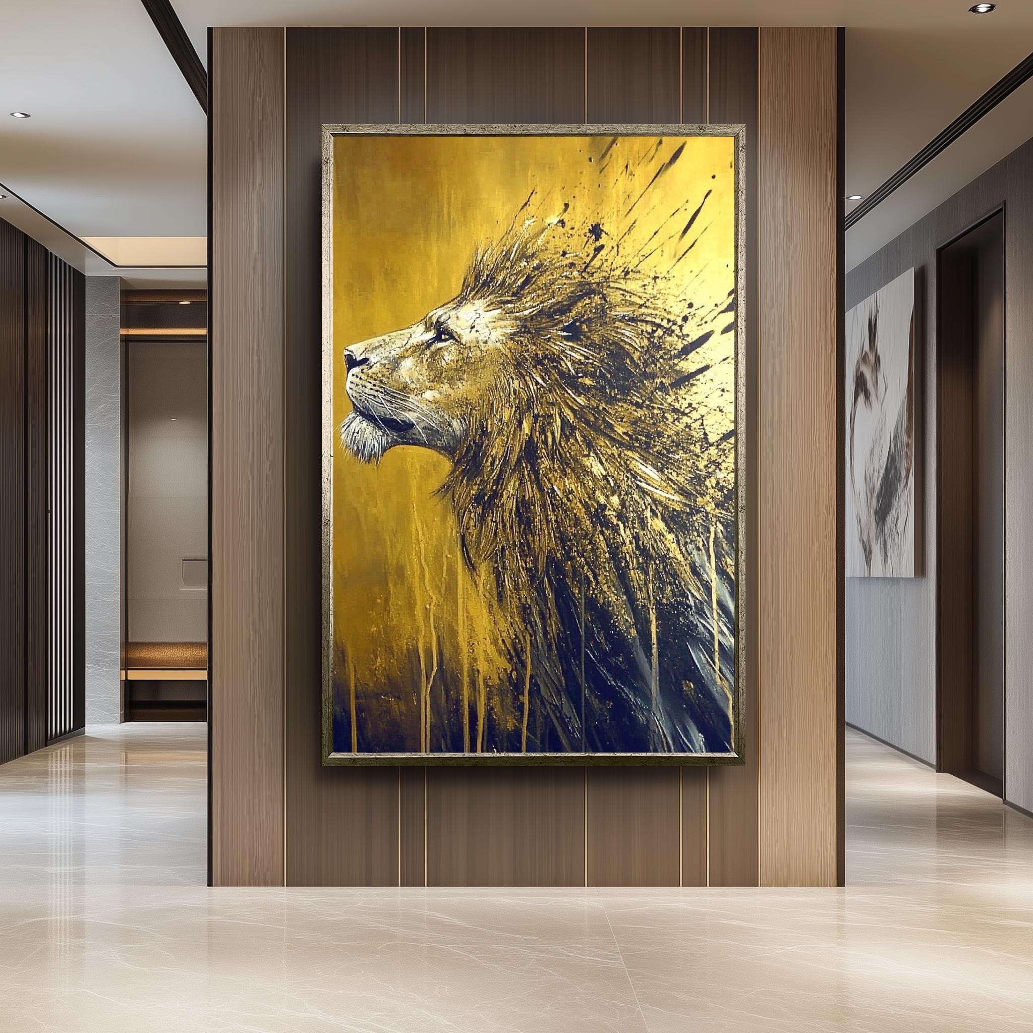 Golden Lion Painting – Hand Painted Lion Canvas | Bold Gold Black Art Decor