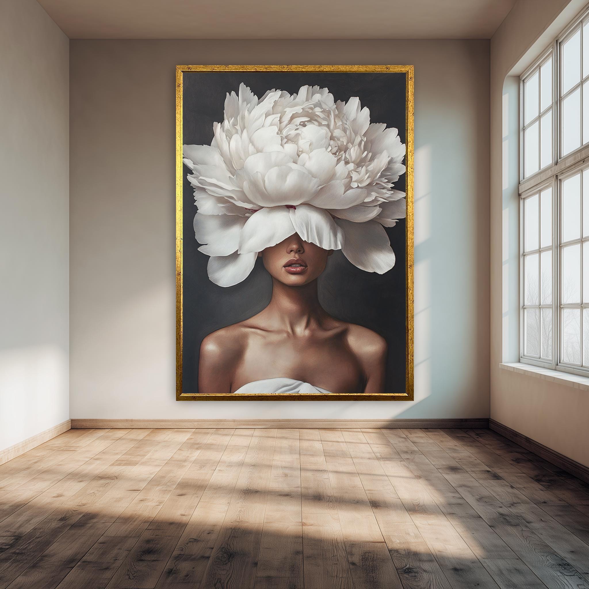 White Flower Crown Canvas | Modern Portrait Art - Elegant Feminine Wall Decor