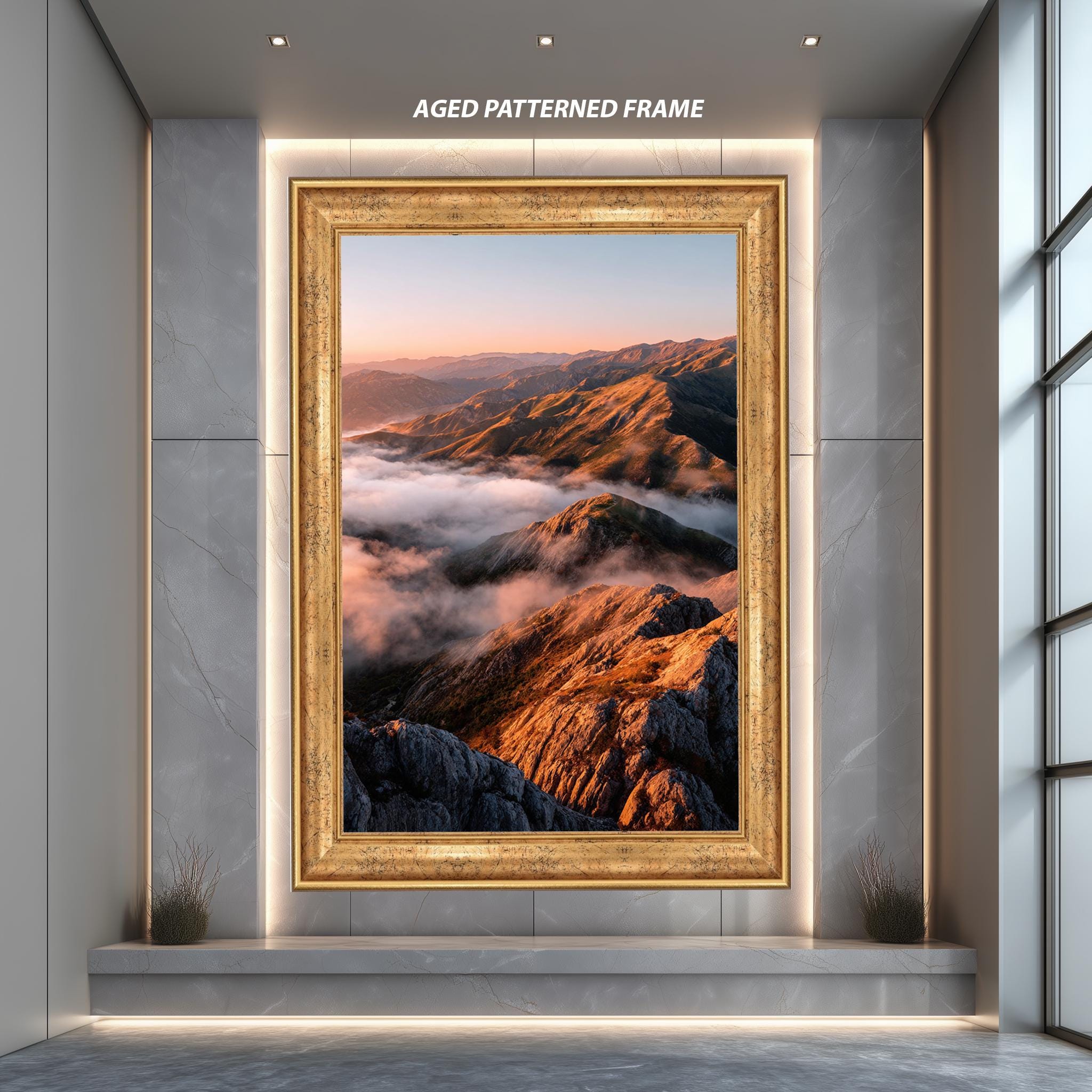 Nature Landscape Print – Golden Sunrise Mountain Wall Art | Misty Valley Decor