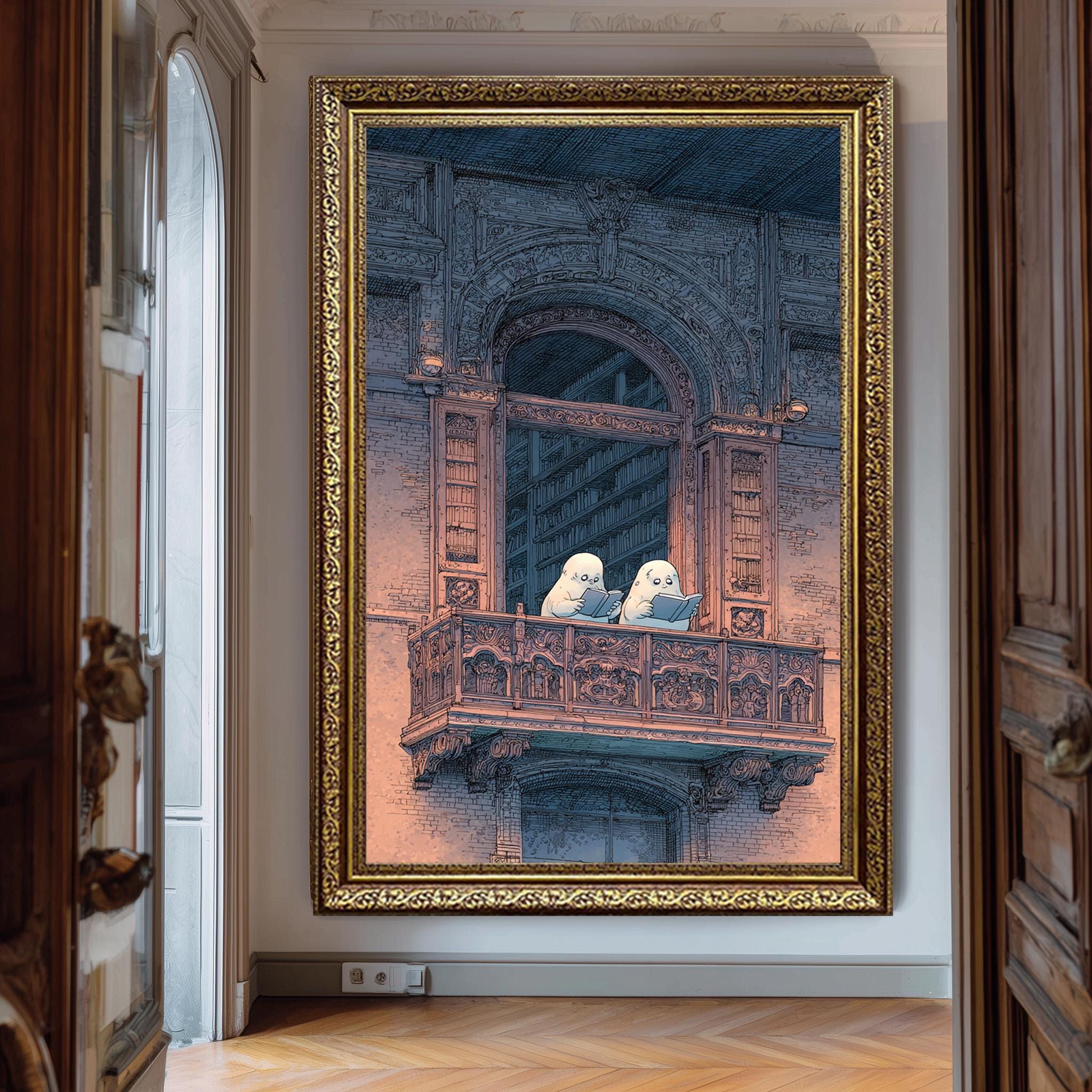 Ghost Art Print - Cozy Bookish Gothic Balcony Illustration | Spooky Wall Decor