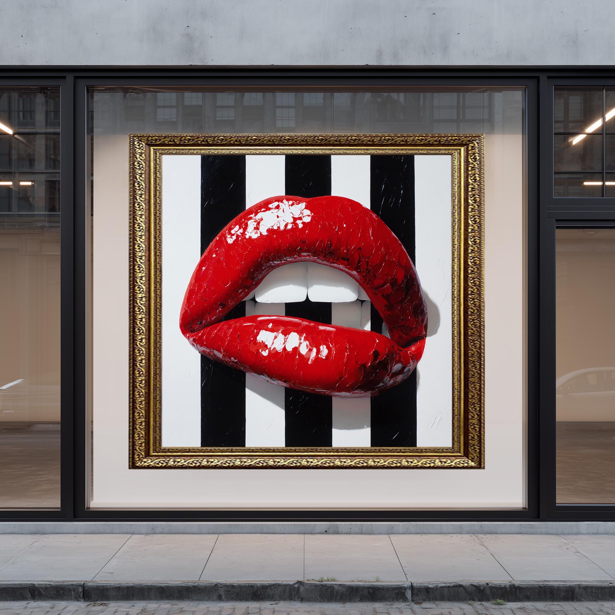 Red Lips Wall Art – Glossy Lip Art with Bold Brush Strokes on Black White Poster