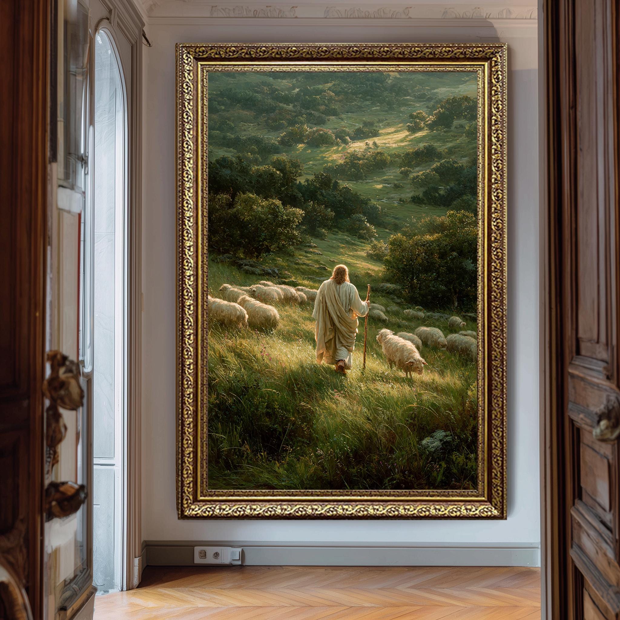 Jesus Good Shepherd Art - Christian Printable Poster | Pastoral Landscape Print