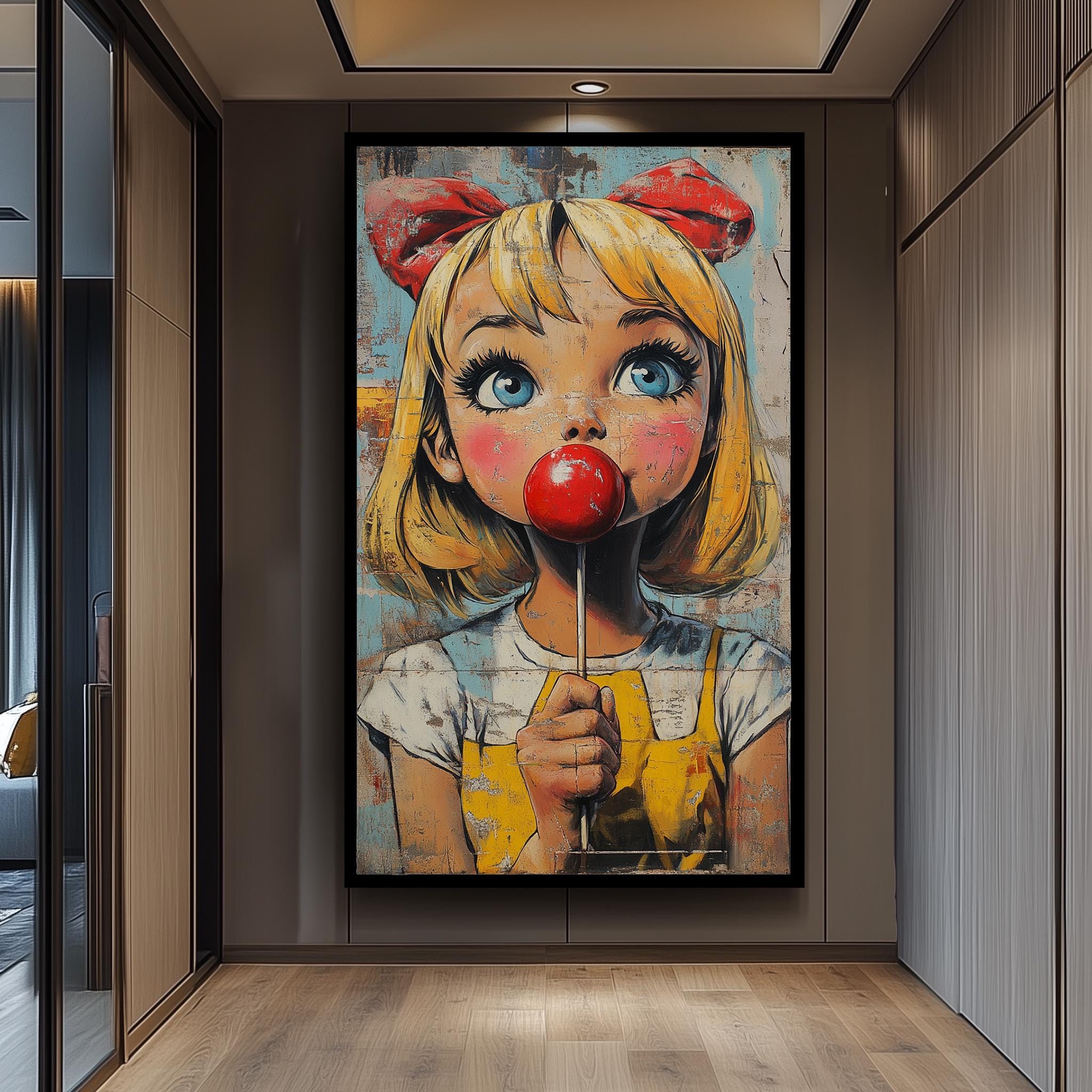 Pop Art Girl Canvas – Retro Comic Wall Art | Bold Colorful Lollipop Print