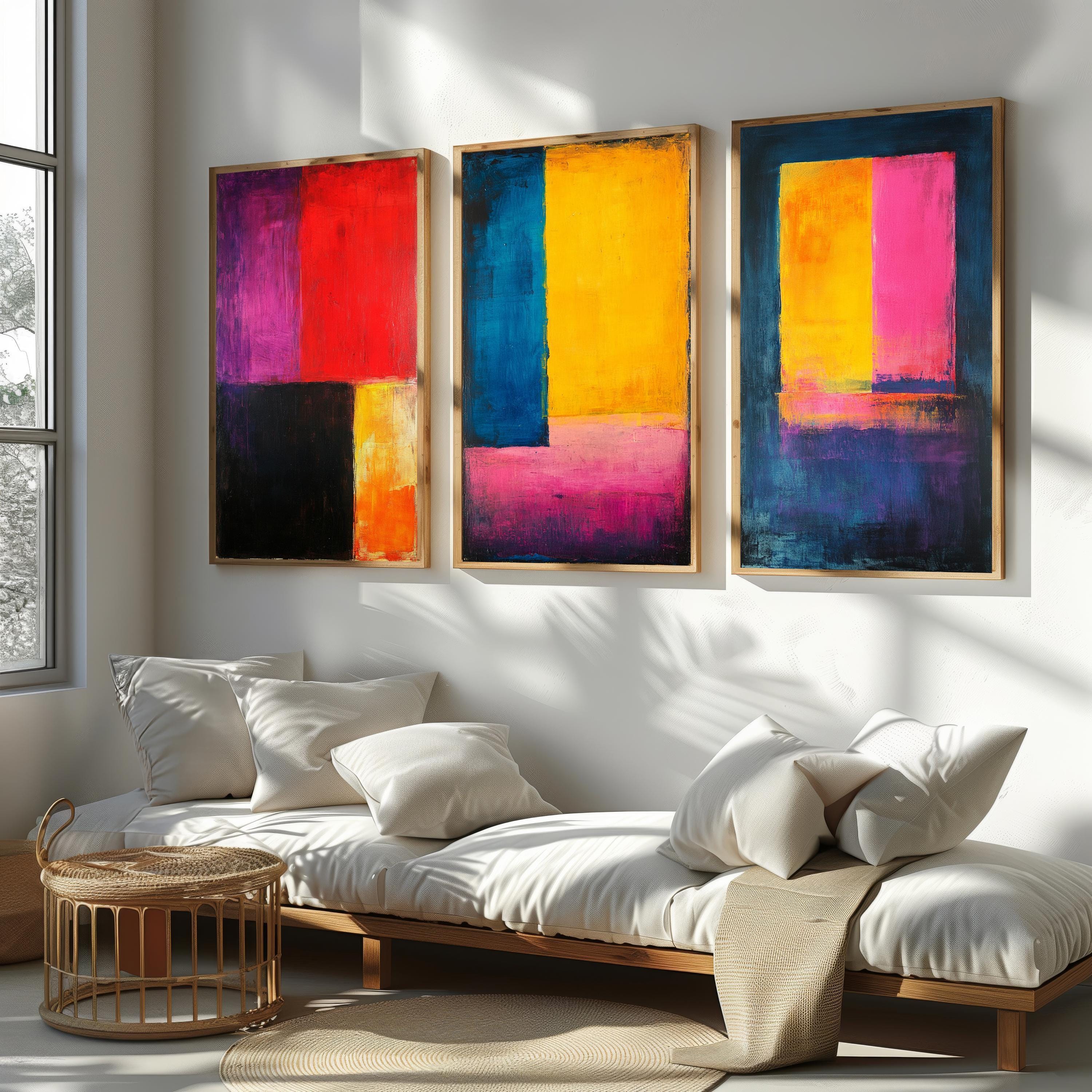 Abstract Color Block Canvas - Modern Geometric 3 Piece Wall Art Set for Living Room
