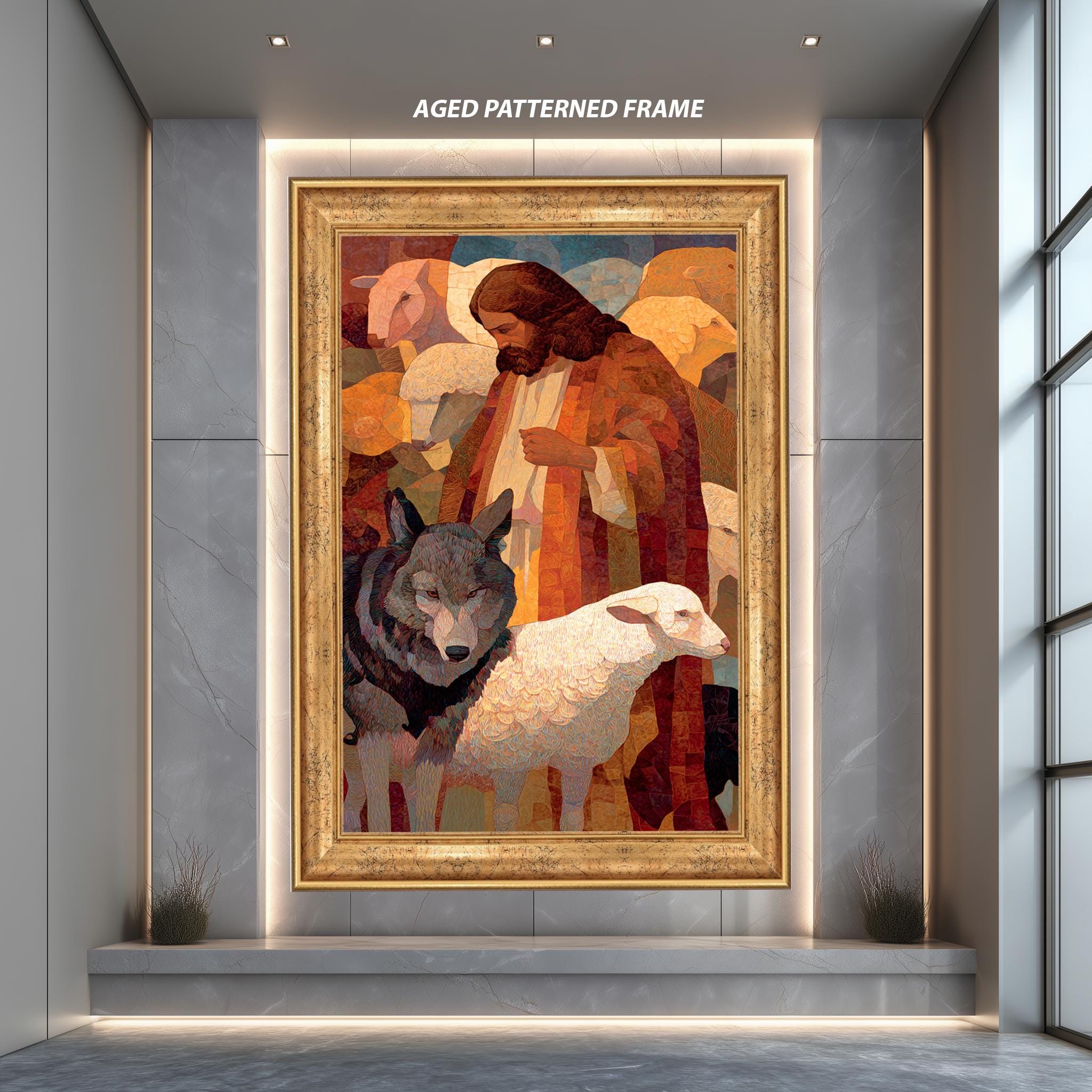 Jesus Digital Art Print – Christian Wall Decor | Wolf And Lamb Painting On Canvas