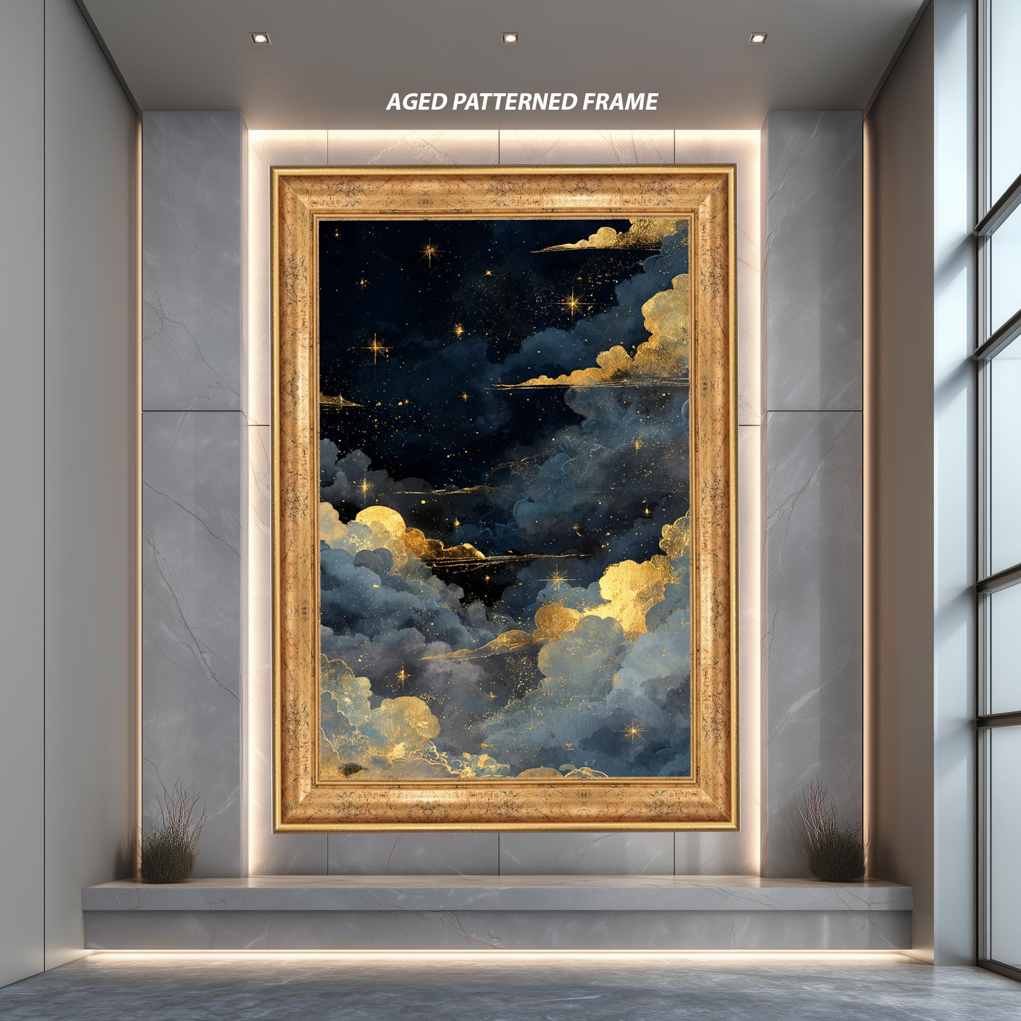 Celestial Wall Art – Gold Cloud Artwork | Starry Sky Canvas With Moon Print