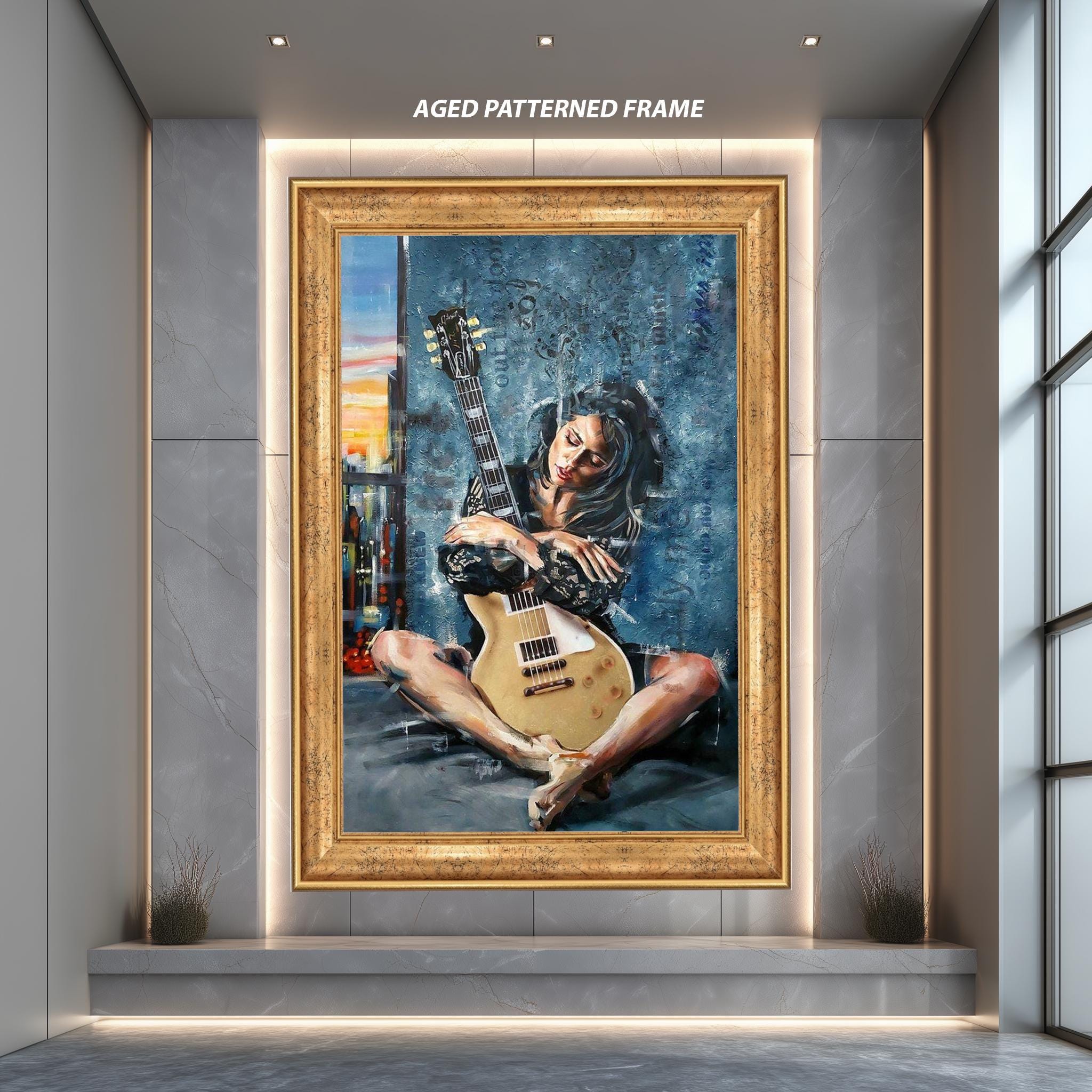 Guitar Girl Canvas Print – Modern Wall Art With Deep Blue & Red Line Decor