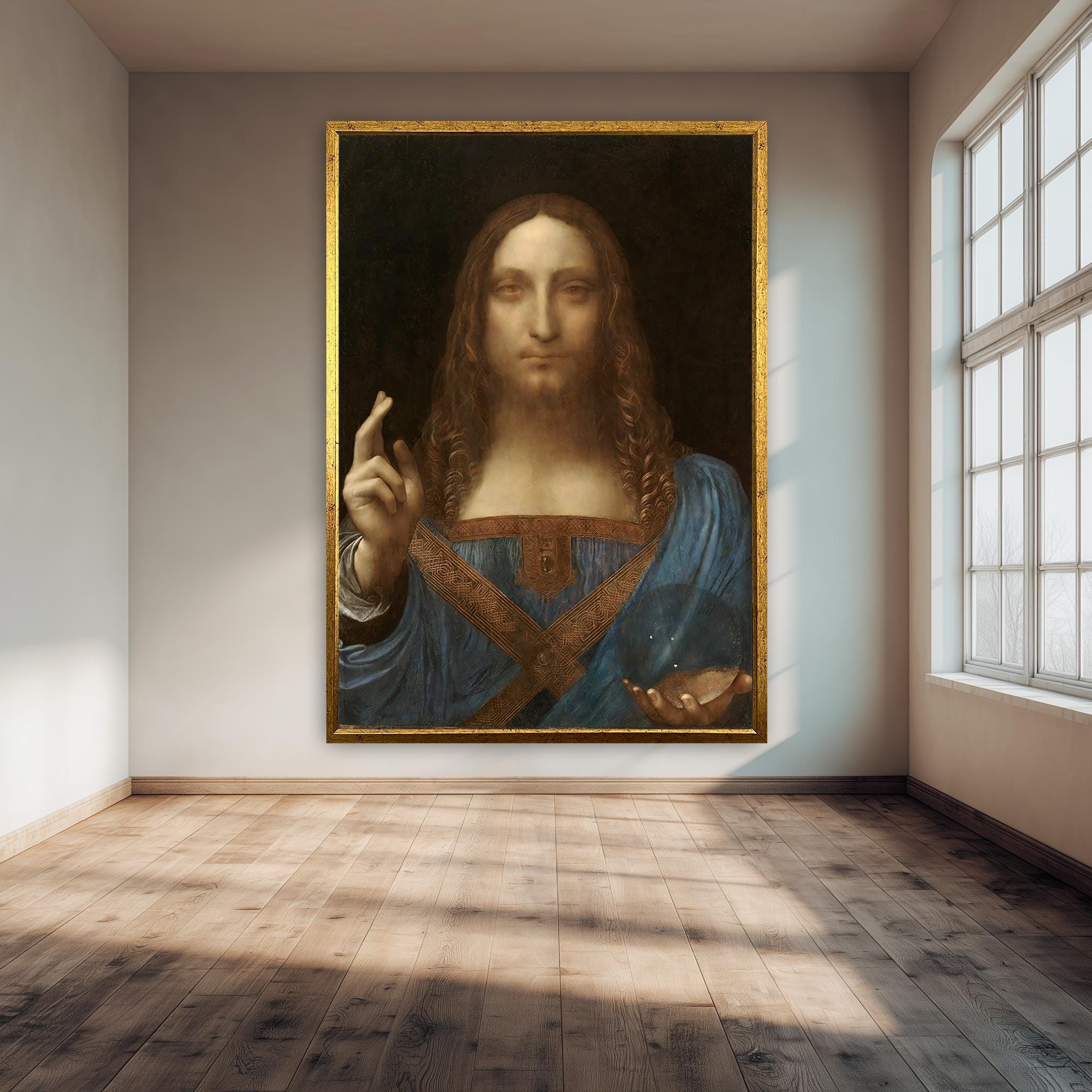 Salvator Mundi Canvas Art – Renaissance Wall Art | Jesus Religious Portrait, Classic Framed Canvas