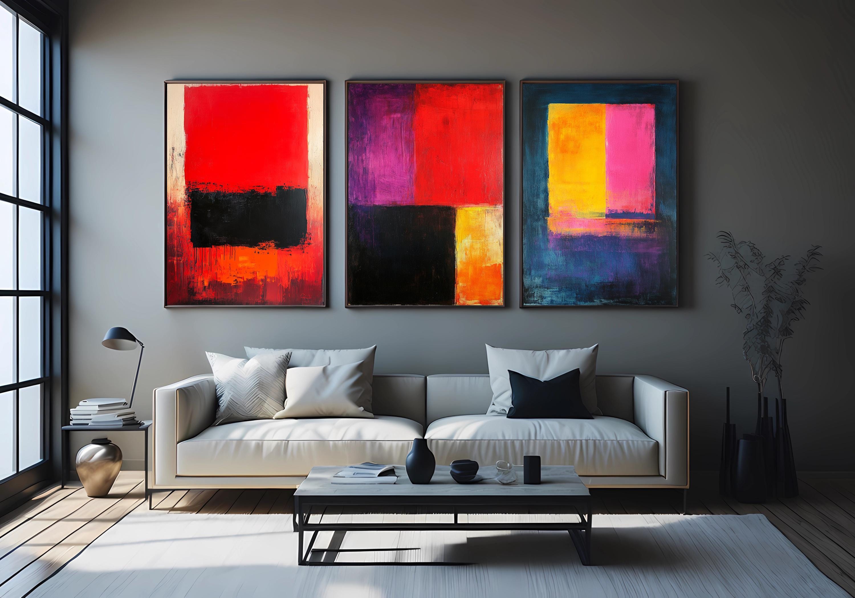 Abstract Color Block Art - Modern Geometric Canvas Print Set of 3 | Minimalist Wall Decor