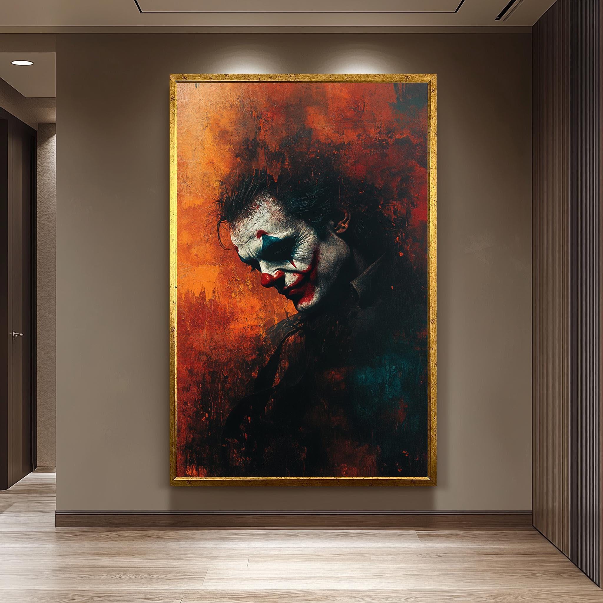 Sad Clown Canvas Art – Emotional Abstract Painting with Fiery Orange Background