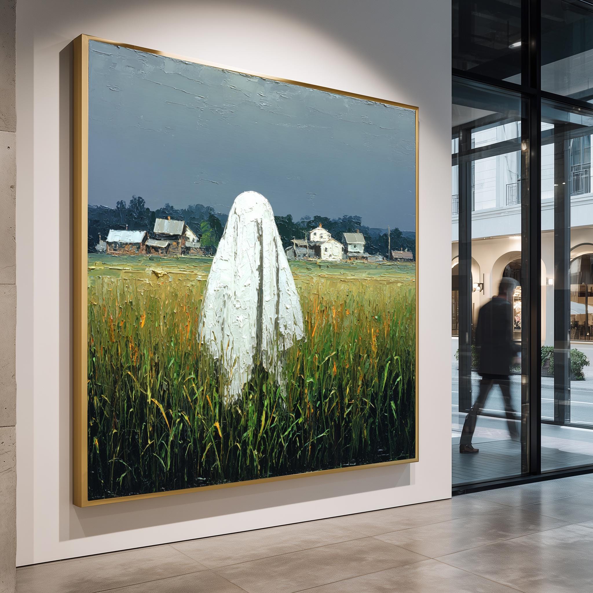 Surreal Ghost Art Print – Moody Gothic Wall Art with Rural Landscape Oil Style