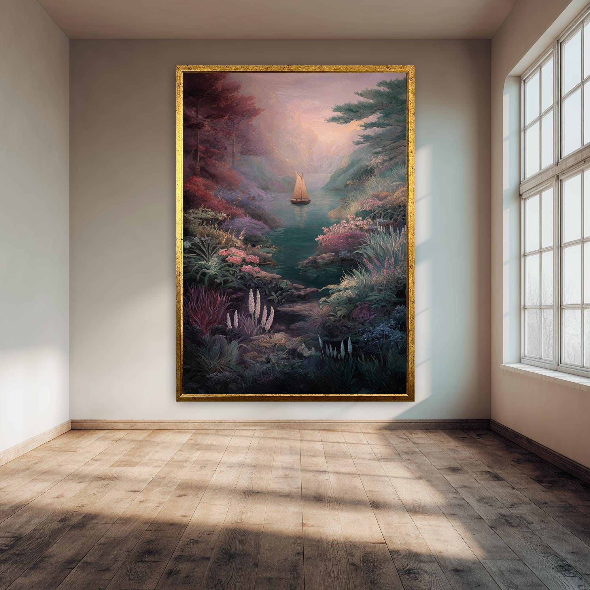 Fantasy Nature Art Print – Whimsical Sailboat Landscape with Enchanted Forest Colors