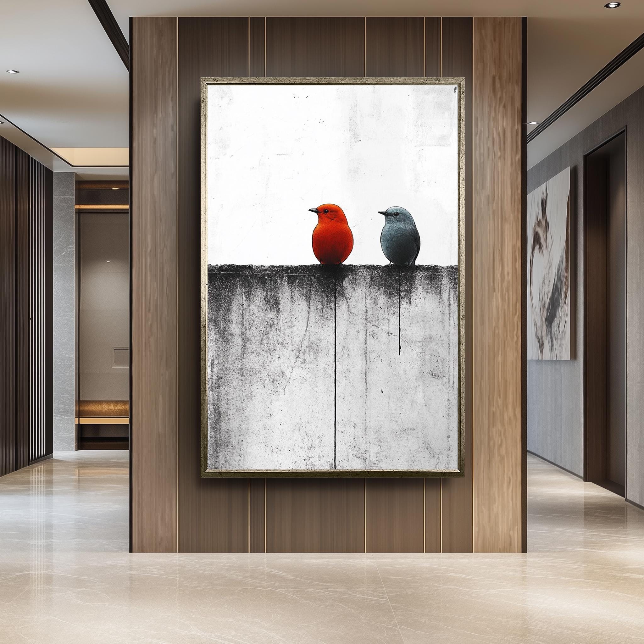 Minimalist Bird Wall Art – Red Blue Bird Canvas | Contemporary Animal Wall Decor