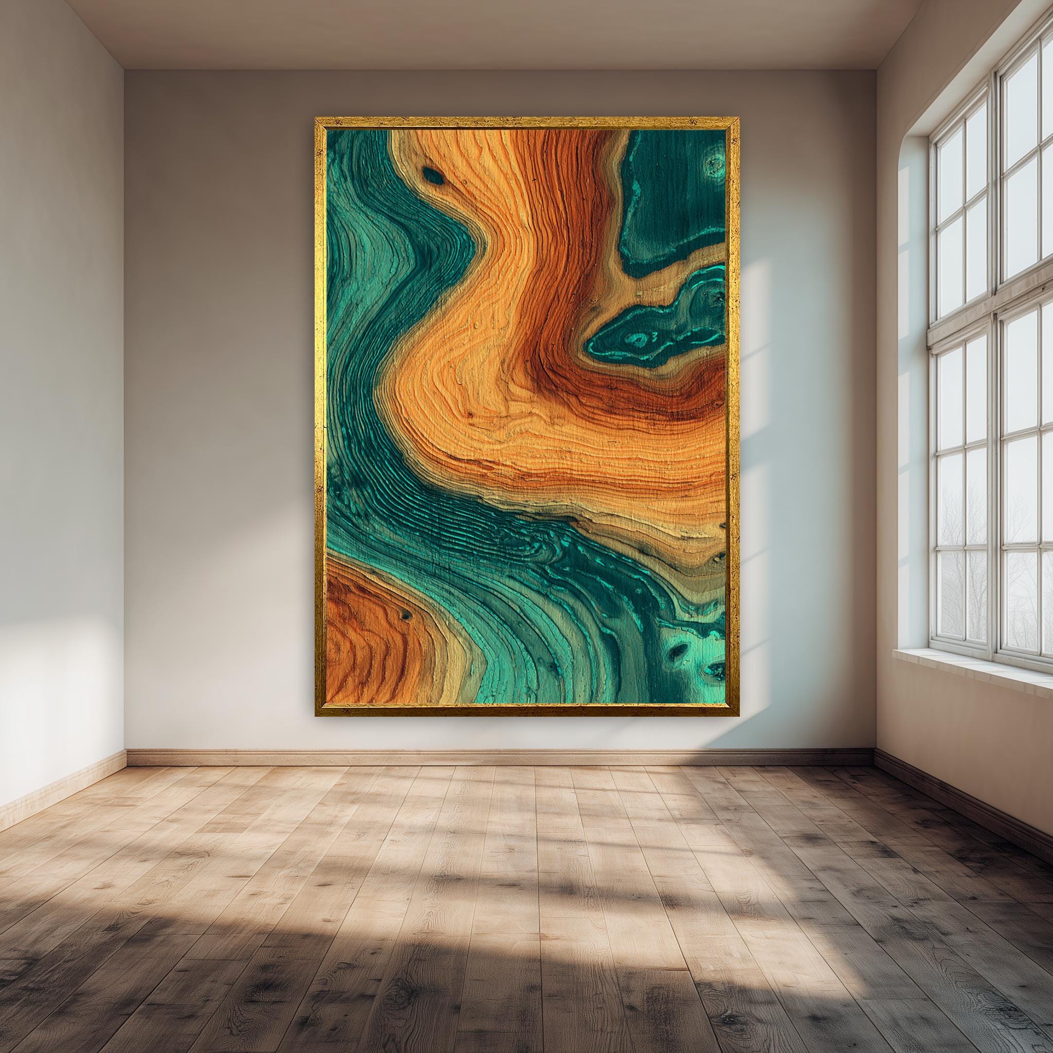 Abstract Canvas Wall Art – Modern Teal Orange Print | Wood Texture & Geometric Design