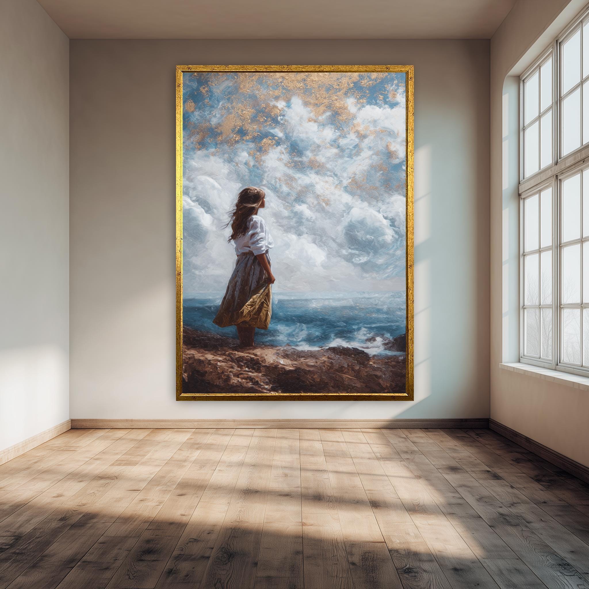 Romantic Coastal Art Print – Serene Landscape Poster with Golden Sky & Ocean View