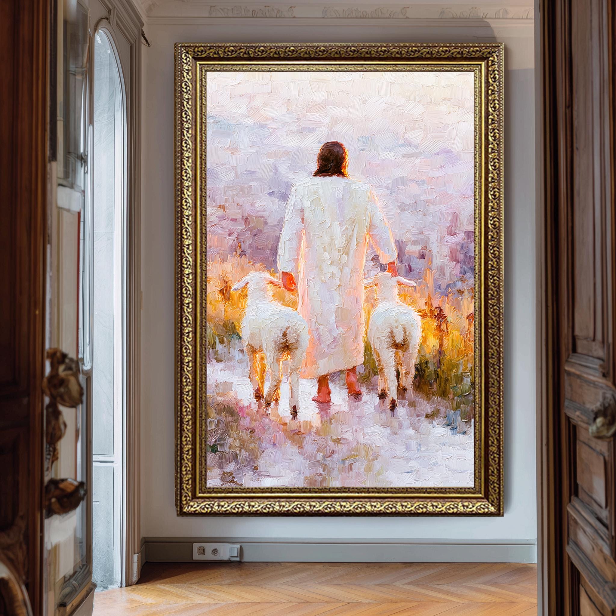 Jesus Holding Lambs Print - Christian Wall Art | Good Shepherd Poster Canvas