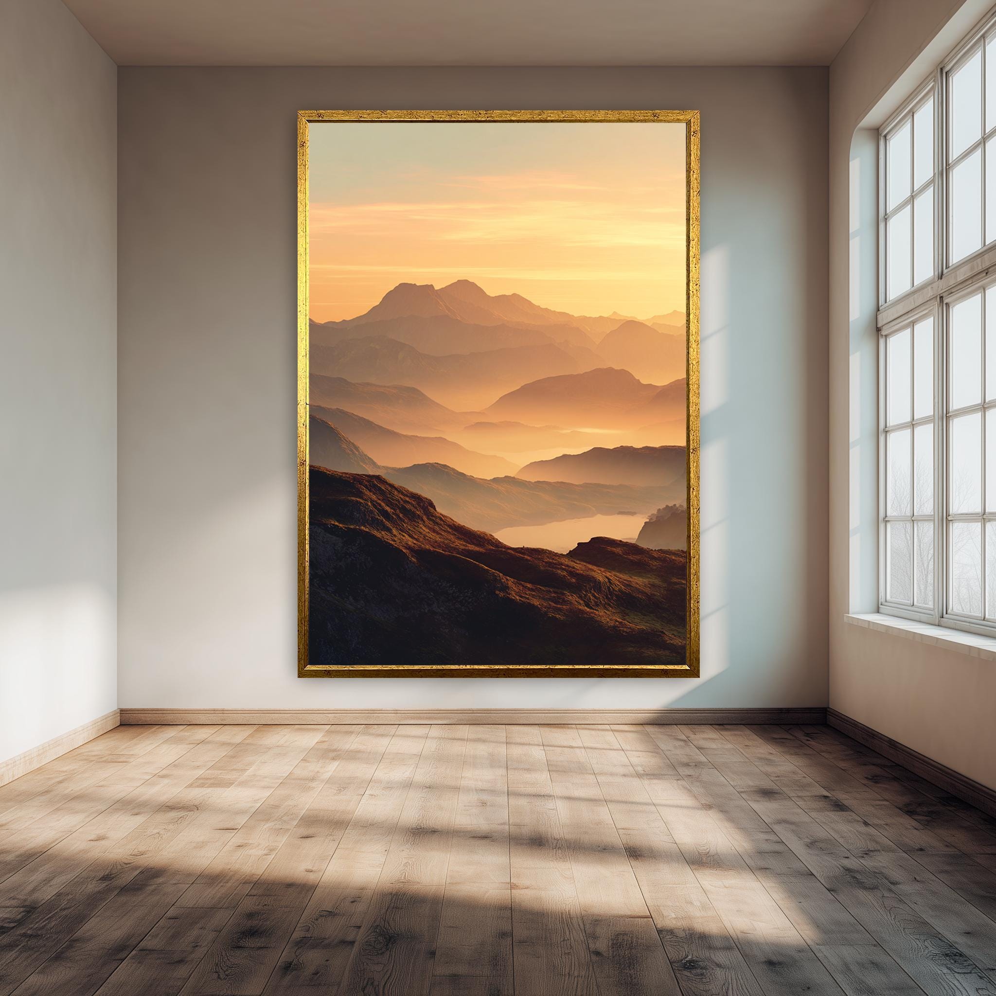 Golden Mountain Landscape – Layered Sunrise Nature Print | Serene Wall Decor
