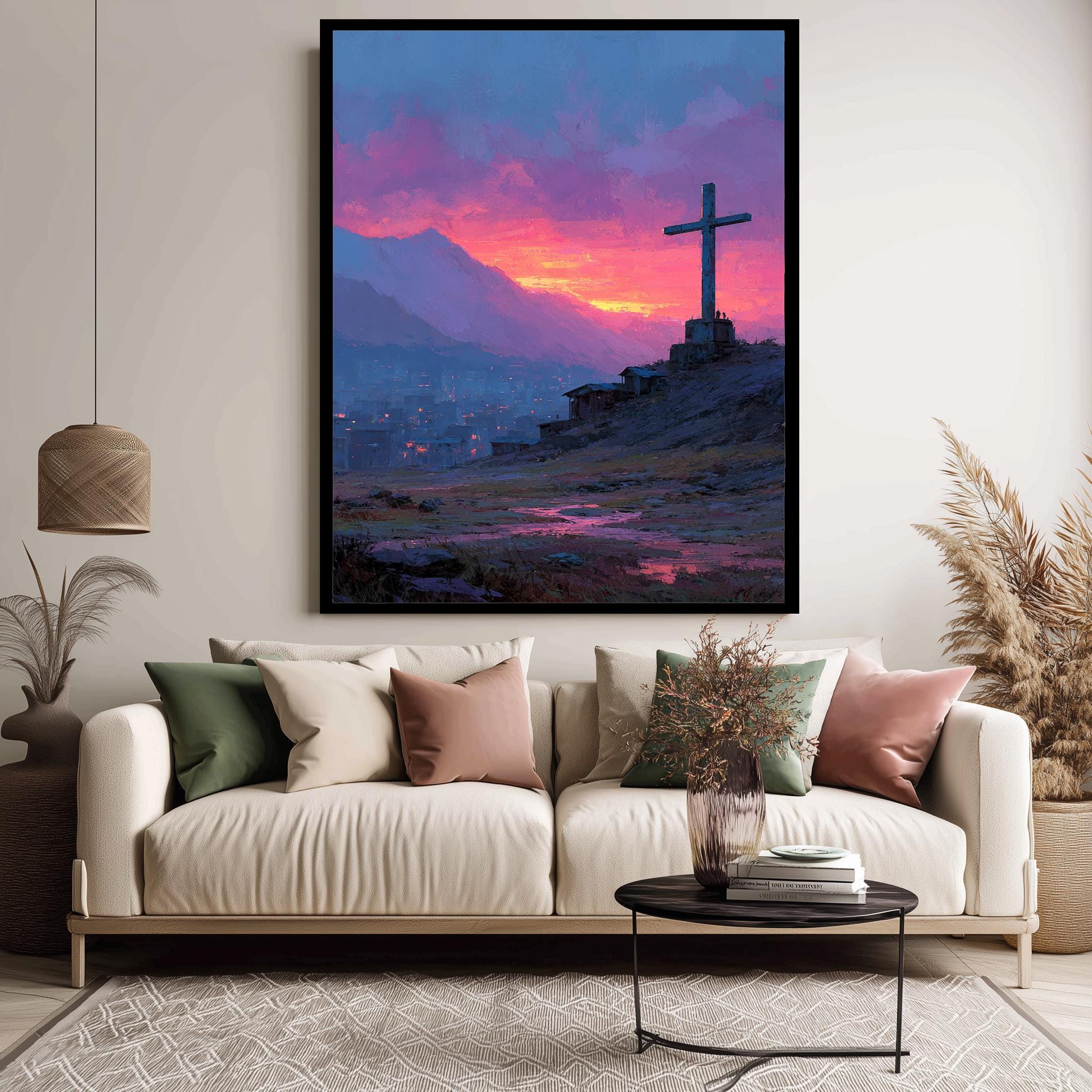 Spiritual Landscape Art - Sunset Cross Digital Canvas Print with City Lights